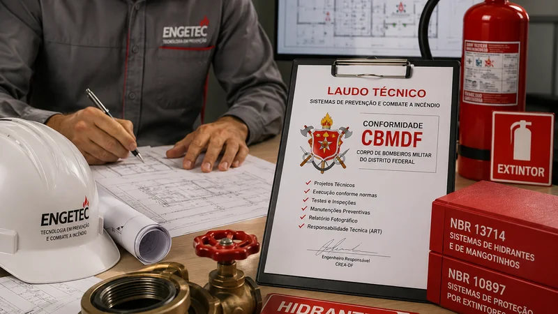 Engenheiro ENGETEC assinando laudo técnico CBMDF com normas NBR 13714 e NBR 10897