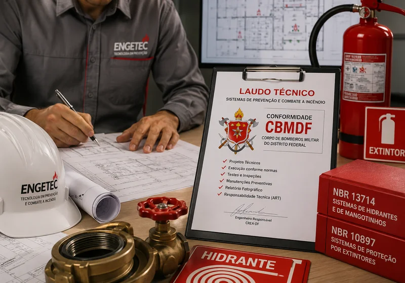Engenheiro ENGETEC com Laudo Técnico CBMDF, capacete e equipamentos de prevenção contra incêndio