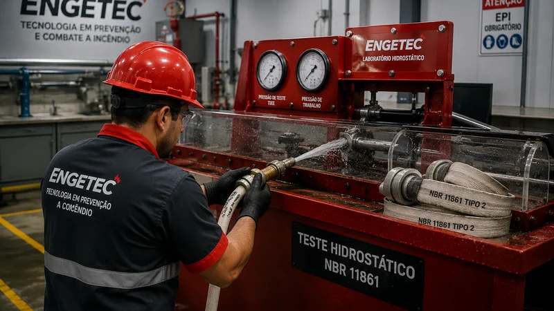Técnico ENGETEC realizando teste hidrostático de mangueira NBR 11861 em laboratório